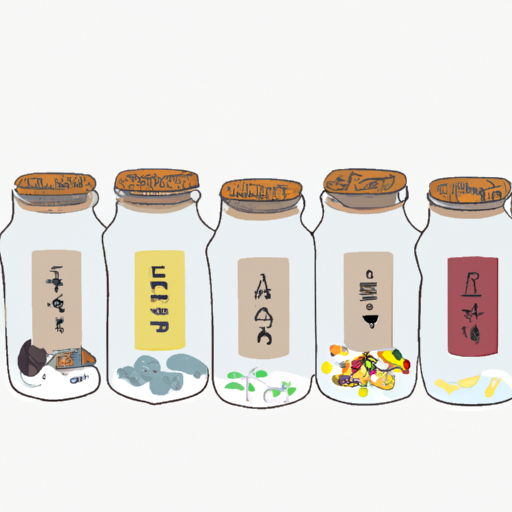 תרופות צמחיות סיניות שונות בצנצנות זכוכית, עם תוויות המתארות את השימוש בהן