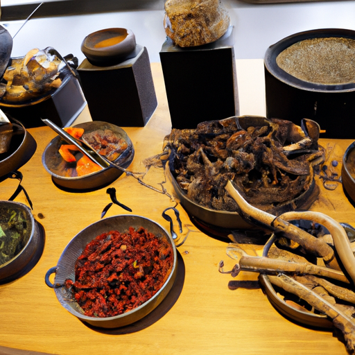 אוסף של עשבי מרפא ומרכיבים סיניים מסורתיים המוצגים בבית מרקחת.