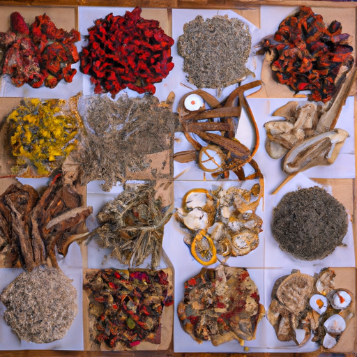 מערך של עשבי תיבול ותה סיניים שונים המשמשים לטיפול בתסמיני אלרגיה, מוצג על שולחן עץ.