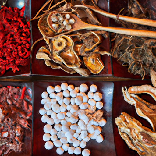 אוסף של עשבי תיבול סיניים מסורתיים ומרכיבי מרפא המוצגים על שולחן