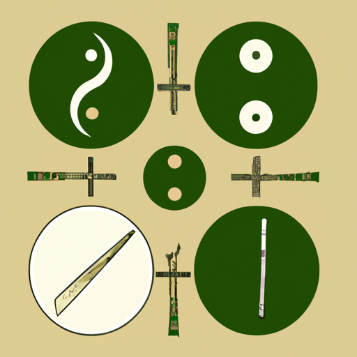 איור של סמלים וכלים ברפואה סינית מסורתית, כגון צמחי מרפא, מחטי דיקור וסמל יין-יאנג.