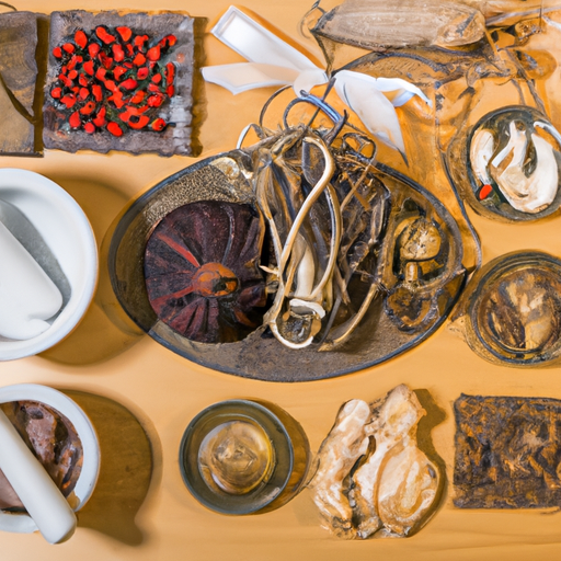 אוסף של כלים וצמחי מרפא לרפואה סינית מסורתית המוצגים על שולחן עץ